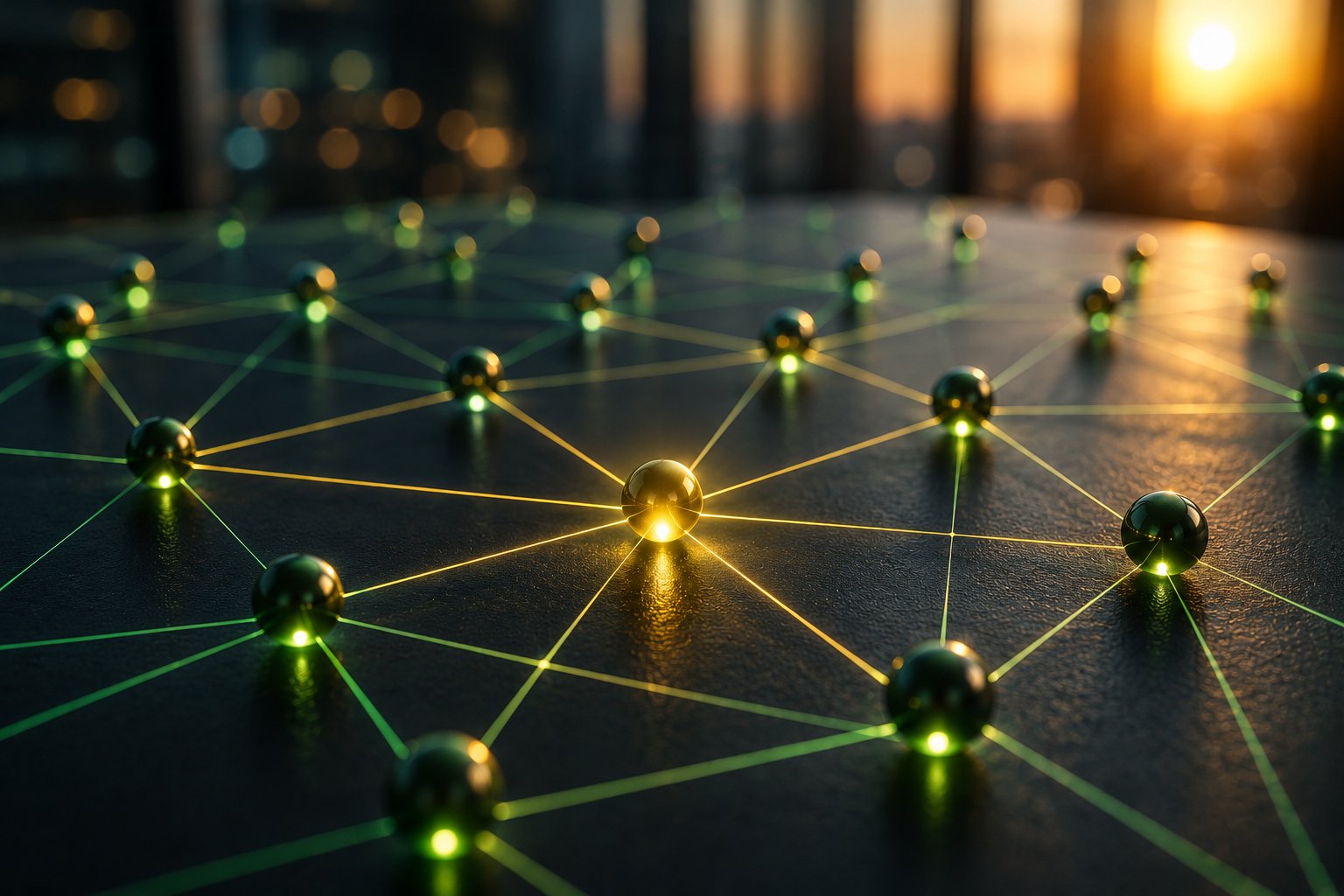 Rede de esferas conectadas por linhas luminosas verdes e douradas sobre uma superfície escura, com uma esfera dourada em destaque no centro, simbolizando processos e informações conectados em uma organização.