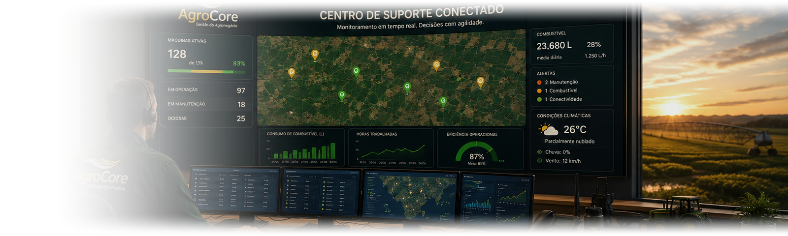 Centro de suporte da AgroCore com painéis de monitoramento em tempo real